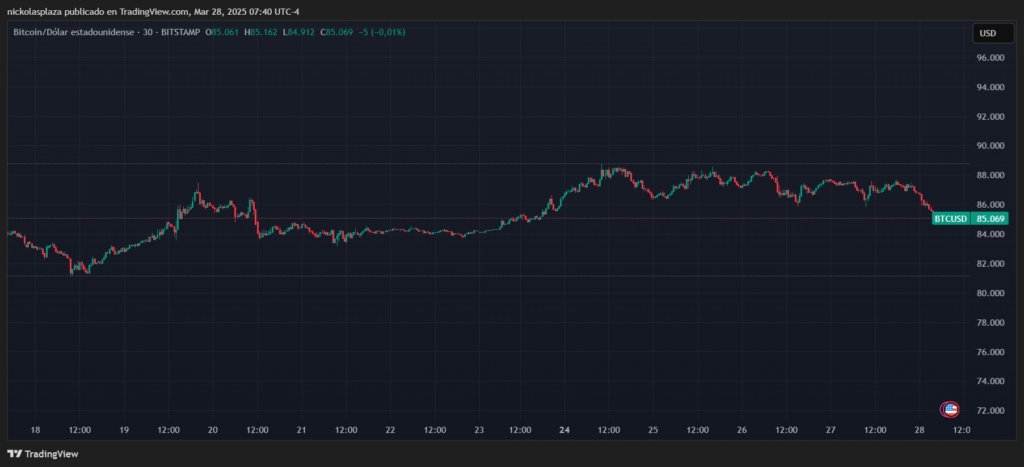 Gráfico del precio de bitcoin el 28 de marzo de 2025.