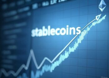 gráfico azul con la palabra stablecoins y un logo de Ethereum.