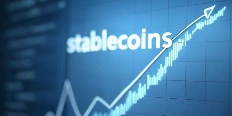 gráfico azul con la palabra stablecoins y un logo de Ethereum.