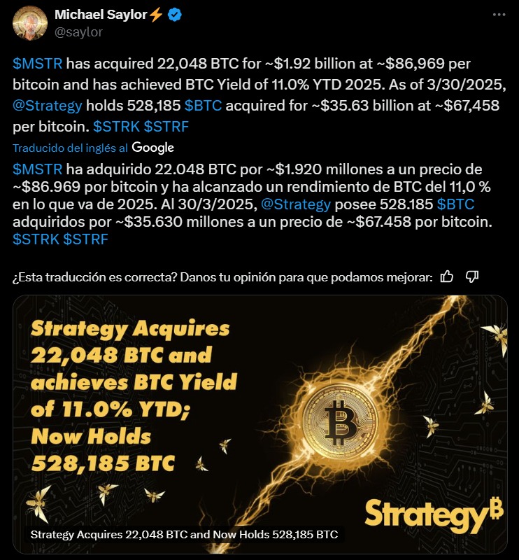 Anuncio en la red X de la adquisición de más de 22.000 BTC por parte de Strategy
