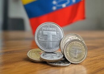 Una imagen creada por la inteligencia artificial Grok de una bandera de Venezuela y monedas de USDT.