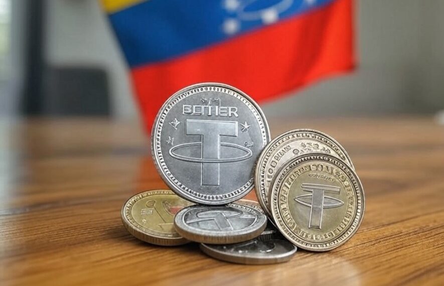 Una imagen creada por la inteligencia artificial Grok de una bandera de Venezuela y monedas de USDT.