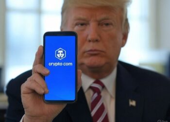 Donald Trump tiene en su mano un celular con el logo de Crypto.com.
