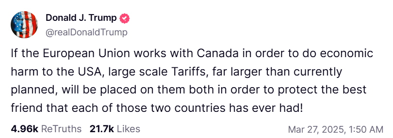 Mensaje enviado por Donald Trump a través de la red social Truth Social.