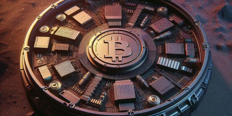 un minero de bitcoin con forma de disco, estilo cyberpunk