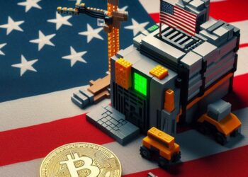 una maquina de mineria de Bitcoin y una bandera estadounidense, estilo minecraft