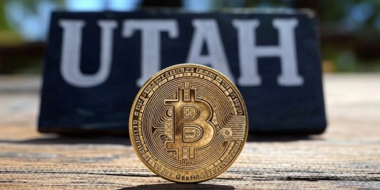 Una imagen de bitcoin con un letrero que dice Utah en el fondo.