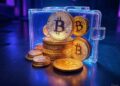 Una wallet de bitcoin digital con monedas de BTC.