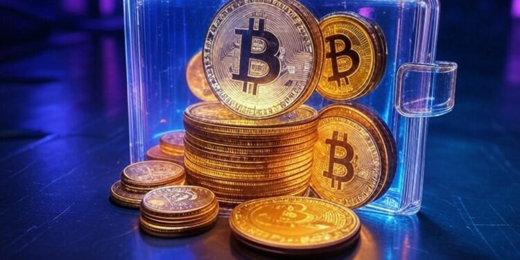Una wallet de bitcoin digital con monedas de BTC.