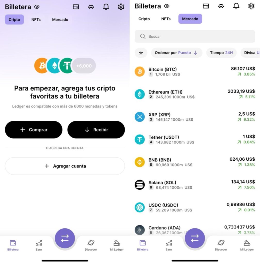 Captura de pantalla de la app de Ledger Nano X