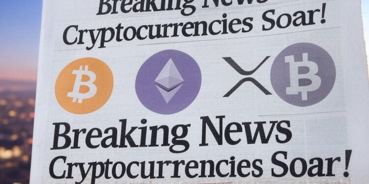 Portada de un diario con el logo de bitcoin, ether y XRP.