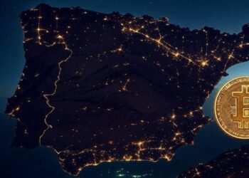 Un mapa satelital de España y una moneda de Bitcoin
