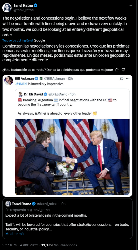 Tanvi Ratna analiza en X la política arancelaria de Donald Trump.