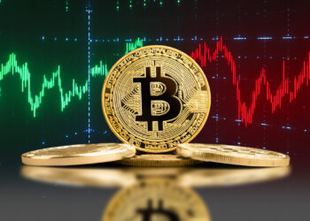 Gráfico verde y rojo con Bitcoin en el centro.