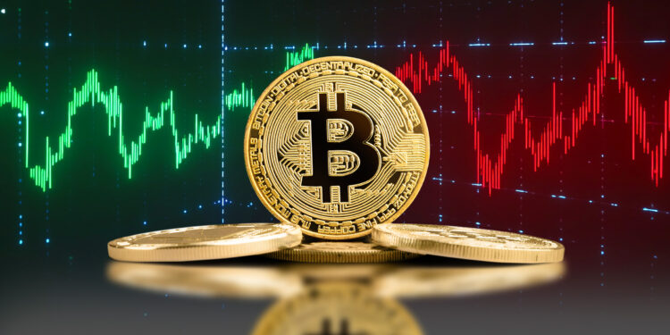 Gráfico verde y rojo con Bitcoin en el centro.