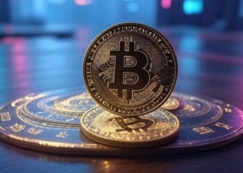 Moneda de bitcoin con fondo futurista