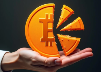 Una moneda de bitcoin dividida en pedazos.