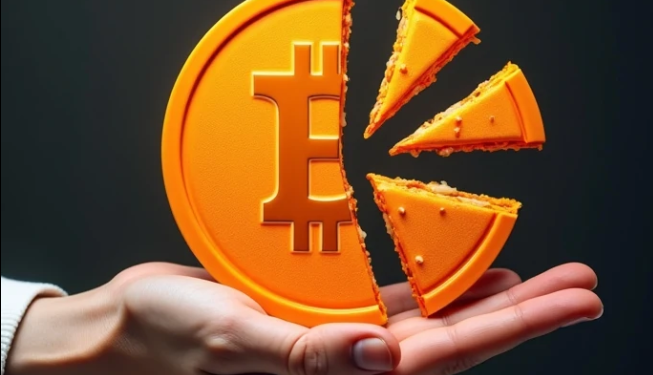 Una moneda de bitcoin dividida en pedazos.