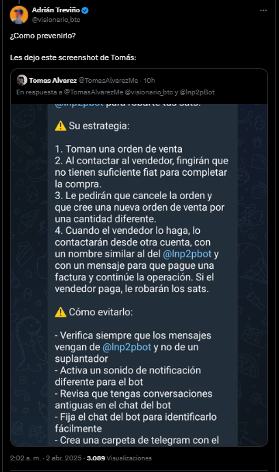 Captura de pantalla con las recomendaciones de Tomás Álvarez para prevenir estafas en LNp2pBot de Telegram.