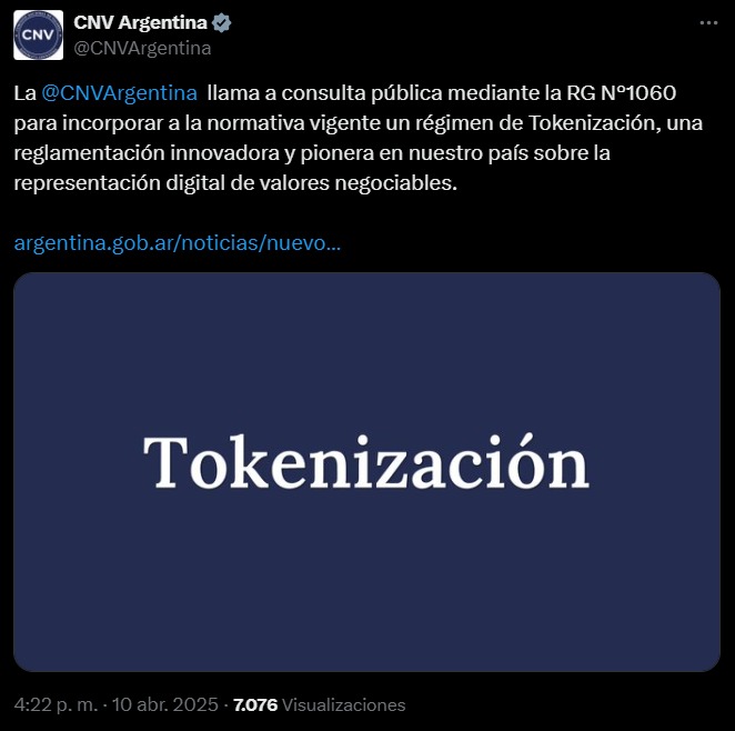 resolucion de tokenizacion propuesta por la CNV Argentina