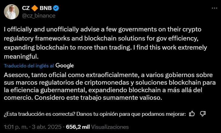 CZ afirma que la sesoría a distintos gobiernos sobre criptoactivos es un trabajo valioso
