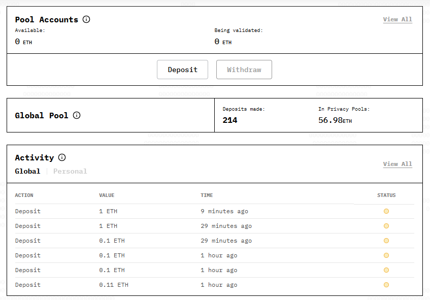 La interfaz de la dapp Privacy Pools de Ethereum.