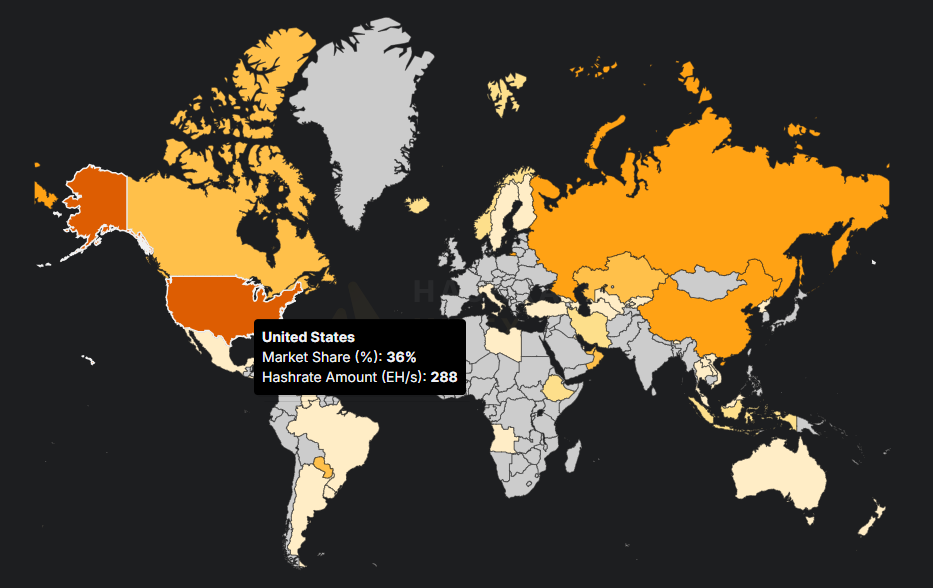 Mapa de la distribución del poder de cómputo de la red Bitcoin por países.