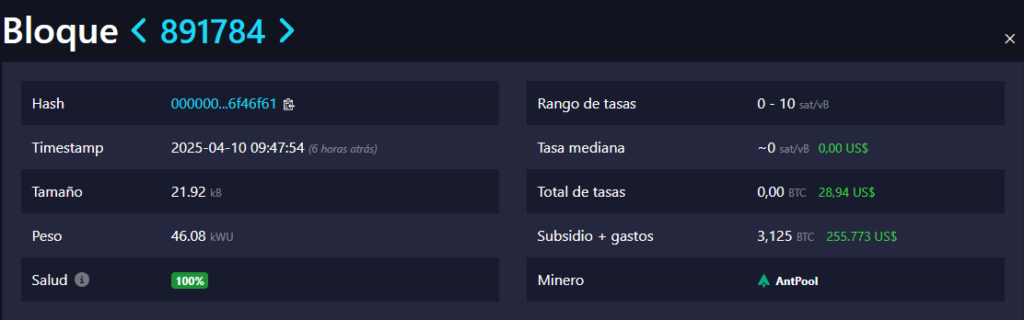 Datos del bloque 891784 de la red Bitcoin.