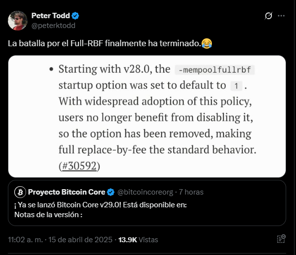 Tweet del desarrollador Peter Todd sobre la versión 29.0 de Bitcoin Core y la RBF.
