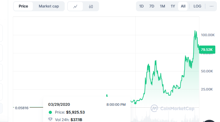 Gráfico de precio de bitcoin, indicando el precio de 2020 en el tiempo de la pandemia donde se registró una caida.