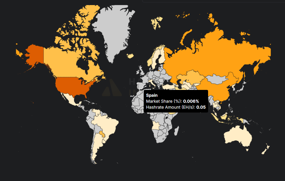 Gráfico de la distribución del poder de hash de los mineros de distintos países.