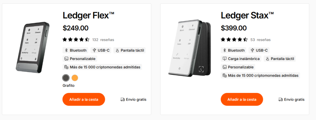 Modelos Flex y Stax de las hardware wallets Ledger.
