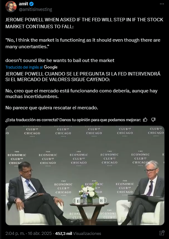 Un usuario de X comenta que Jerome Powell, de la Fed, no se muestra dispuesto a rescatar el mercado.