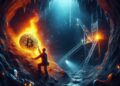 un minero de Bitcoin dentro de una cueva tratando de alcanzar una moneda de BTC.