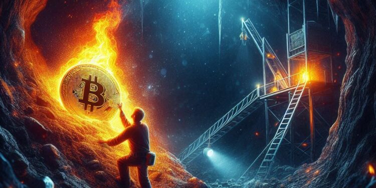 un minero de Bitcoin dentro de una cueva tratando de alcanzar una moneda de BTC.