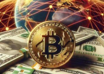 Una moneda de bitcoin junto a billetes de dólar, de fondo el planeta Tierra envuelto en una red financiera.