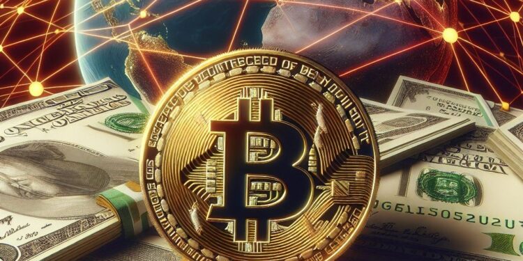 Una moneda de bitcoin junto a billetes de dólar, de fondo el planeta Tierra envuelto en una red financiera.