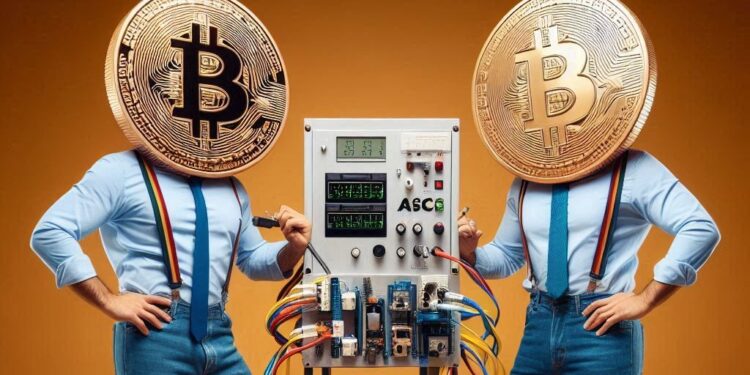 Dos ASIC conectados a un transformador de Bitcoin, estilo cable guy movie