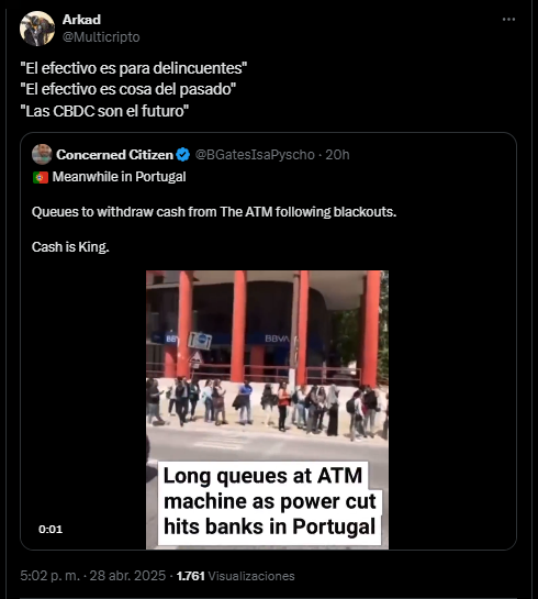 Comentario de usuario en X sobre lo que dicen los gobiernos y su rechazo al efectivo.
