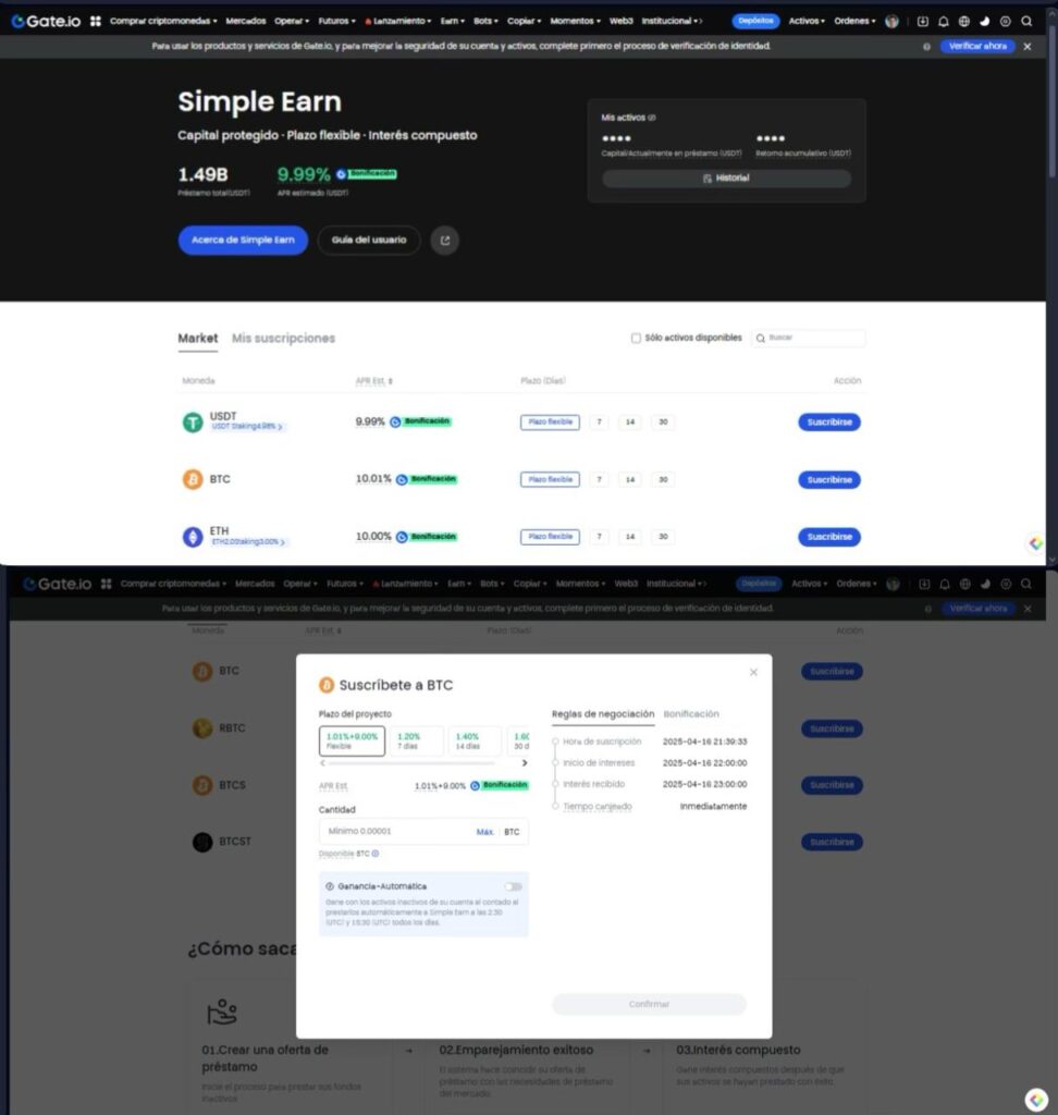 Captura página web plataforma staking Gate.io