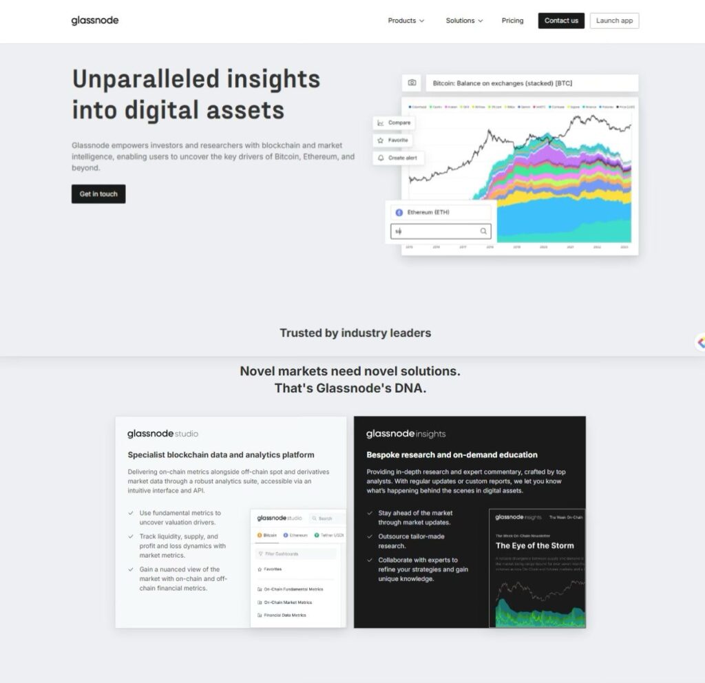 Captura de pantalla de la página web de Glassnode, con sus características