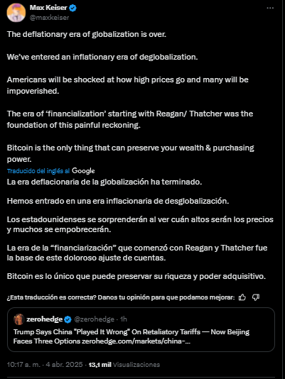 Max Keiser comenta en X el impcto de la política arancelaria de Donald Trump.