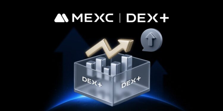 Logo de MEXC en fondo negro con un gráfico de barras en una caja con el logo DEX+