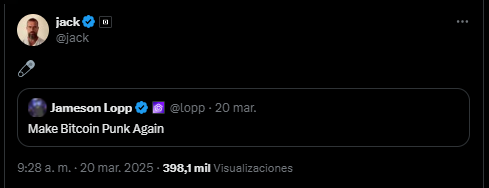 Retuit de Jack Dorsey en el que Jameson Lopp invita a hacer de Bitcoin nuevamente un proyecto "punk".