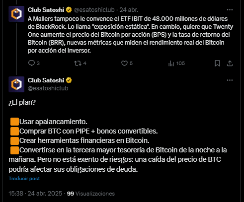 Comentario en X sobre la empresa de Bitcoin Twenty One.