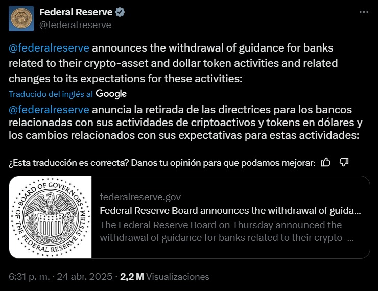 Post en X que anuncia que la FED elimina restricciones bancarias