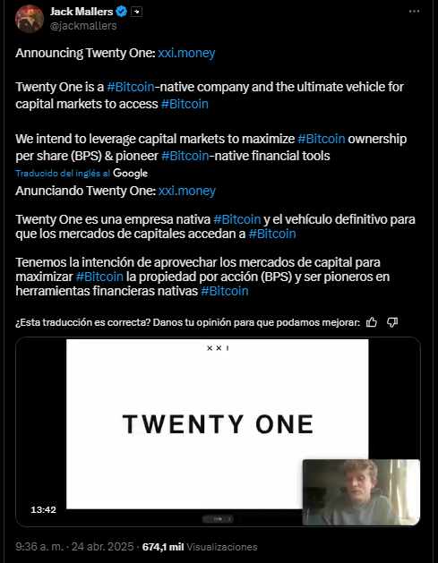 Un tuit de Jack Mallers sobre la nueva empresa de bitcoin Twenty One.