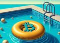 Una piscina con un flotador de bitcoin, estilo rene magritte