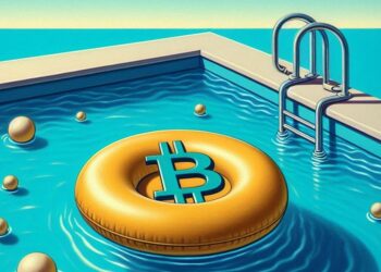 Una piscina con un flotador de bitcoin, estilo rene magritte