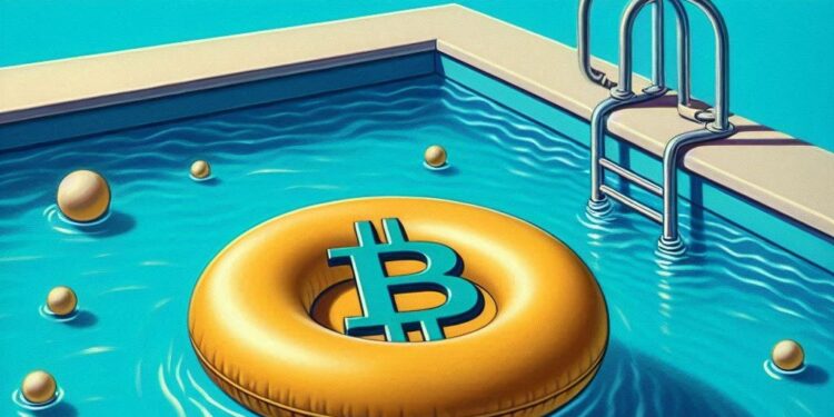 Una piscina con un flotador de bitcoin, estilo rene magritte